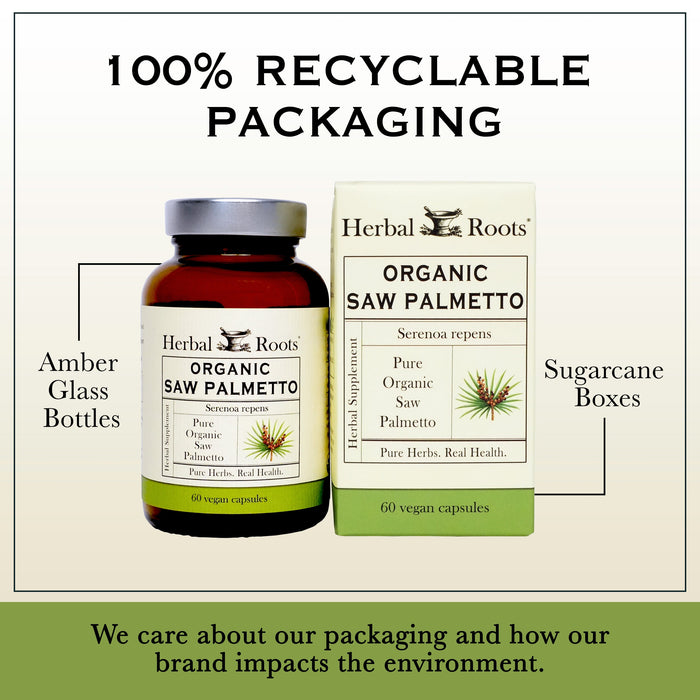 Bottle and box of Herbal Roots Organic saw palmetto next to each other. Under the bottle and box says We care about our packaging and how our brand impacts the environment. There is a line coming from the left of the bottle that says Amber glass bottles. There is a line coming from the left of the box that says sugarcane boxes. 