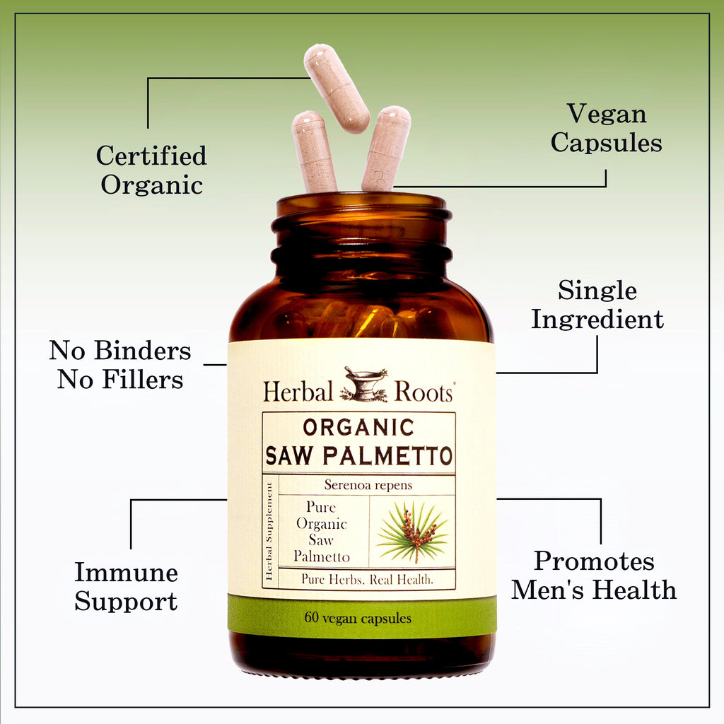 Bottle of Herbal Roots Organic saw palmetto with three pills spilling out of the top of the bottle. There are several lines pointing to the bottle and the capsules. The lines say Certified Organic, Vegan Capsules, Single ingredient, No Binders or fillers, Promotes men's health and immune support.