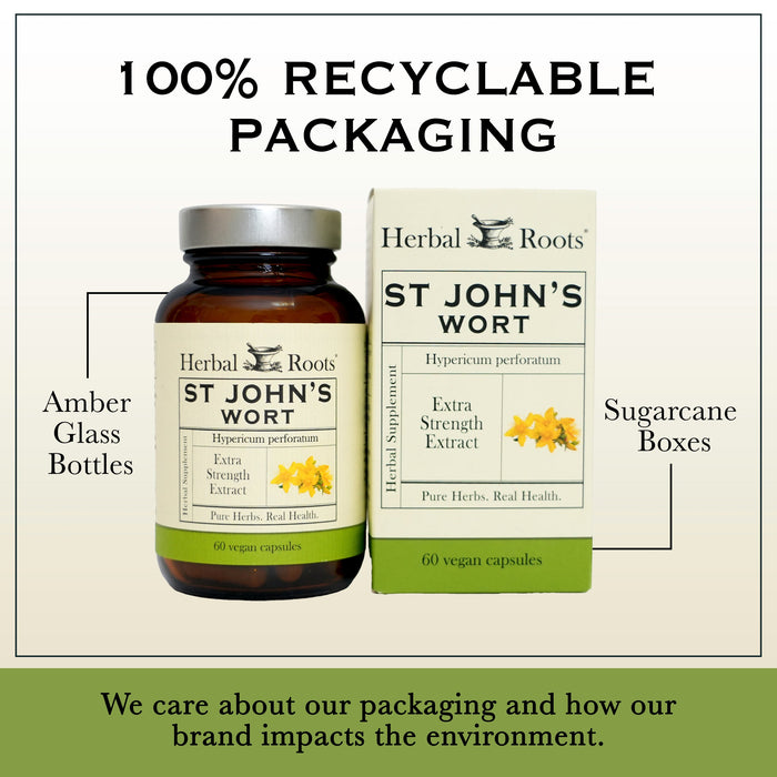 Bottle and box of Herbal Roots St John's wort next to each other. Under the bottle and box says We care about our packaging and how our brand impacts the environment. There is a line coming from the left of the bottle that says Amber glass bottles. There is a line coming from the left of the box that says sugarcane boxes. 