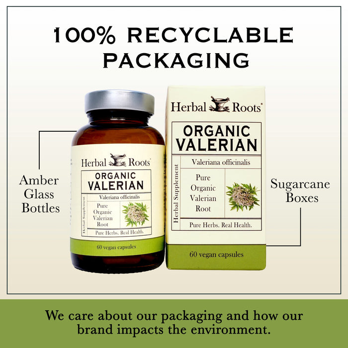 Bottle and box of Herbal Roots Organic valerian next to each other. Under the bottle and box says We care about our packaging and how our brand impacts the environment. There is a line coming from the left of the bottle that says Amber glass bottles. There is a line coming from the left of the box that says sugarcane boxes. 