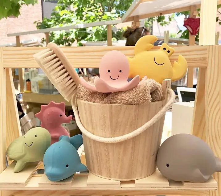 pure natural organic rubber teether, rattle and bath toys