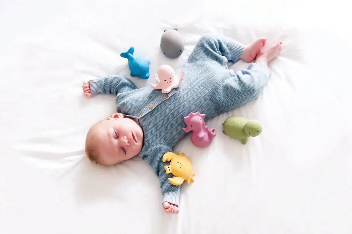 Certified non-toxic organic rubber teether, rattle and bath toys